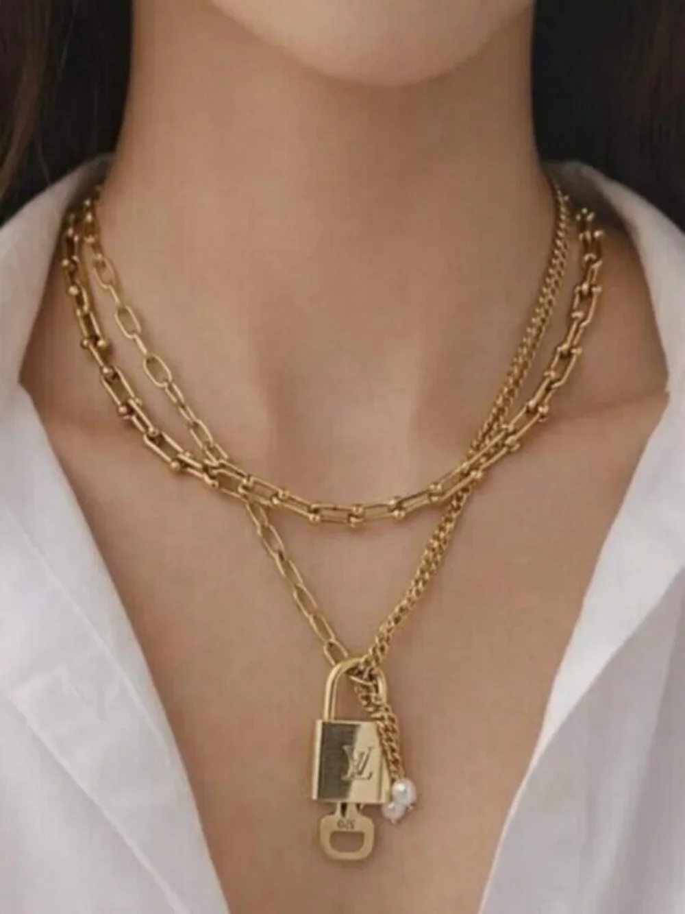 Double Chain Necklace with Authentic Louis Vuitton Padlock Pendant & Fresh Pearl